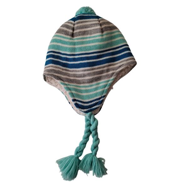 Lands' End Peruvian Trapper Hat Sherpa Fleece Lined Blue Gray Striped Girls M-L - Picture 2 of 7